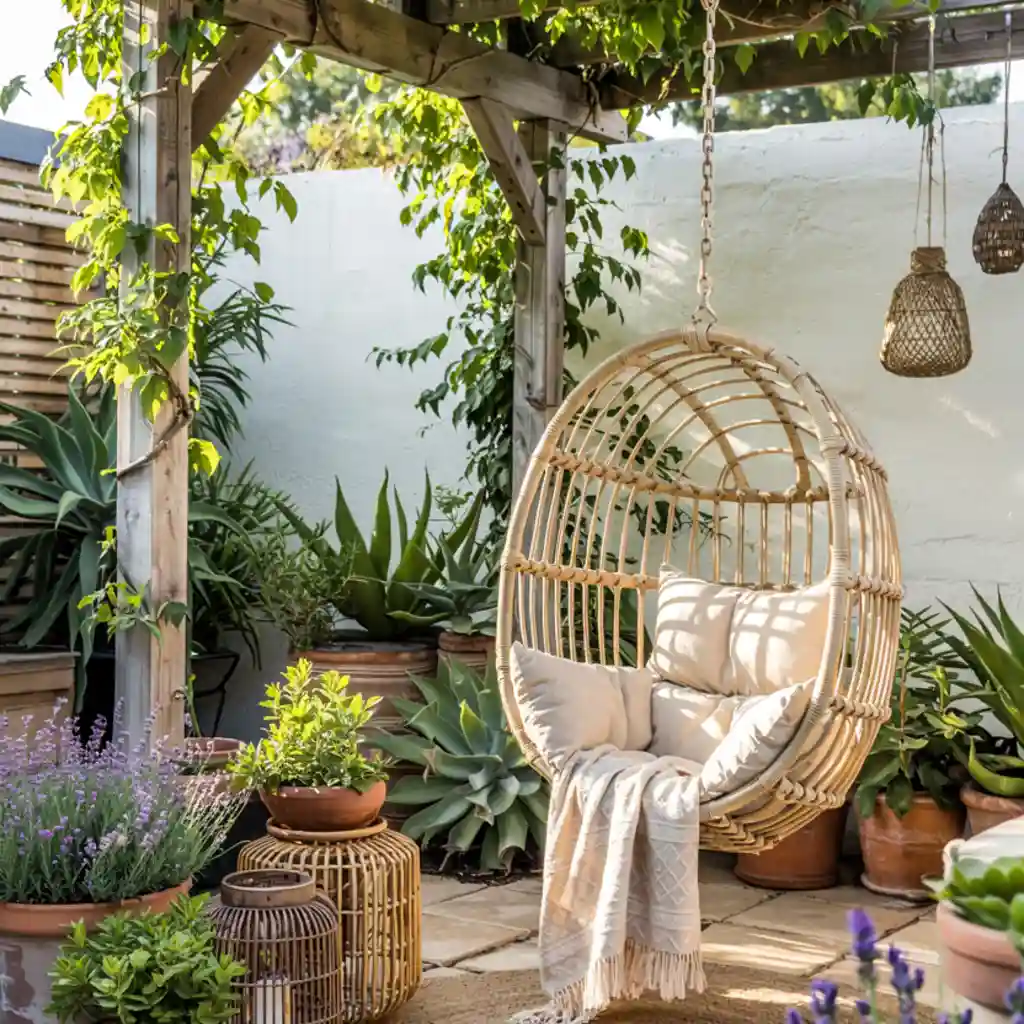 a hanging chair in the small backyard