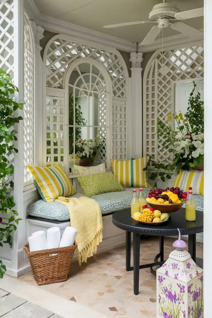 arched mirror on the wall of back porch with bold textures