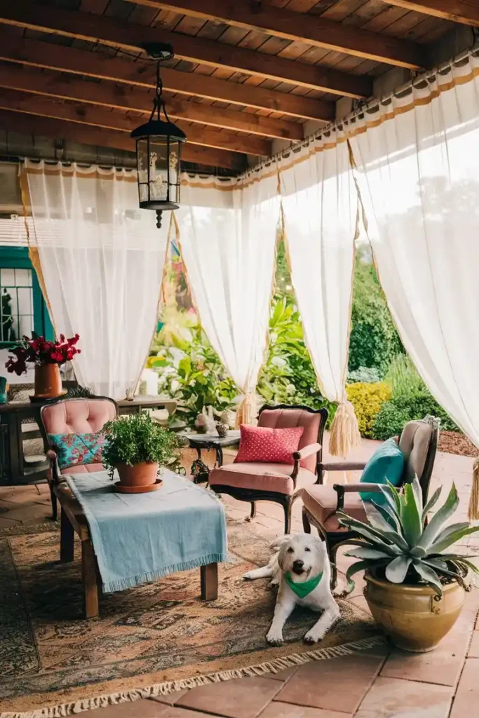 back porch sitting area with porch and dog sitting near the planter