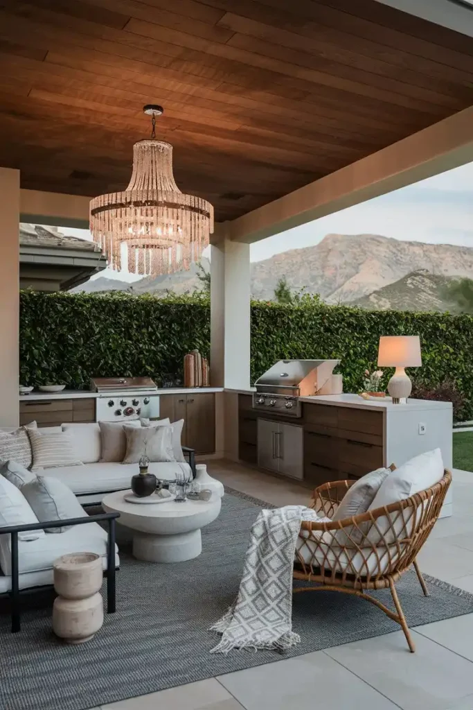 back porch with lush greenery scene and built-in grill