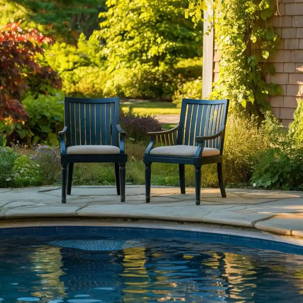 back porch with natural pool and garden and stone paver