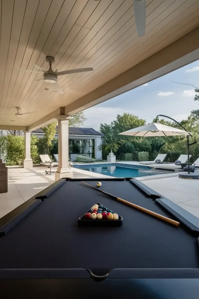 back porch with pool table and swimming pool