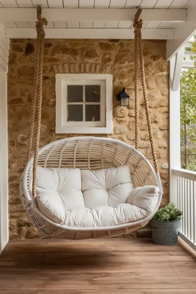 back porch with swing having white cushion on it