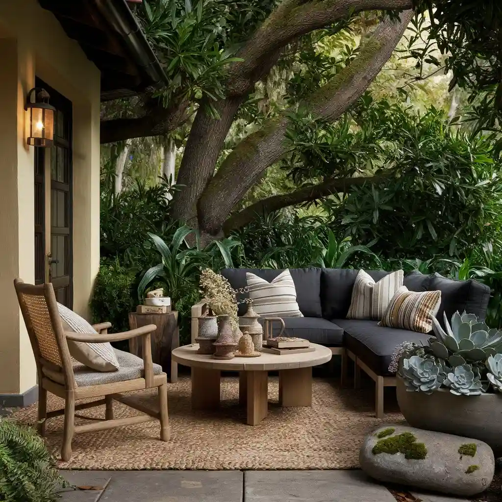 back porch with wooden chair and dark cushioned sofa surrounded by greenery