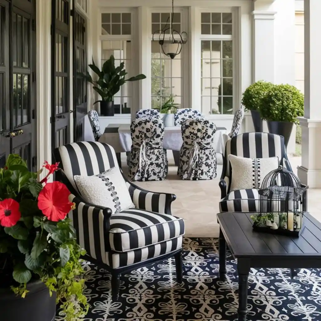 black and white furniture in the screen-in porch