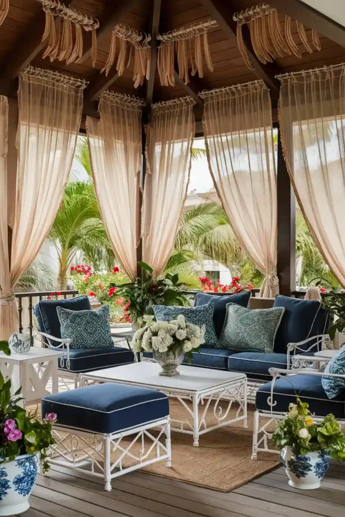 blue and white cushions on the sofas and chairs on the back porch