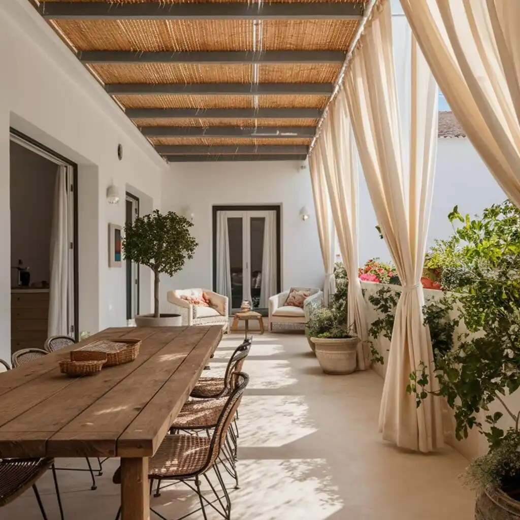 covered porch with curtains