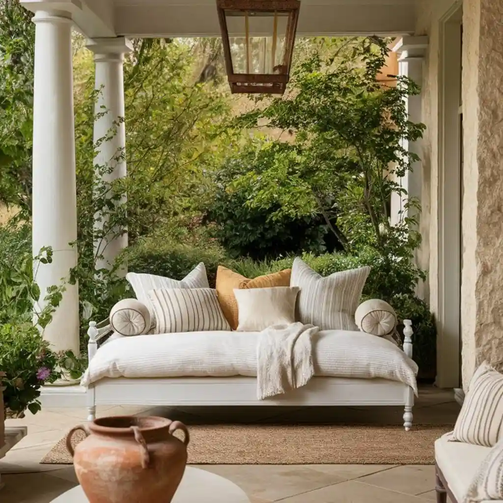 covered porch with oversized lighting