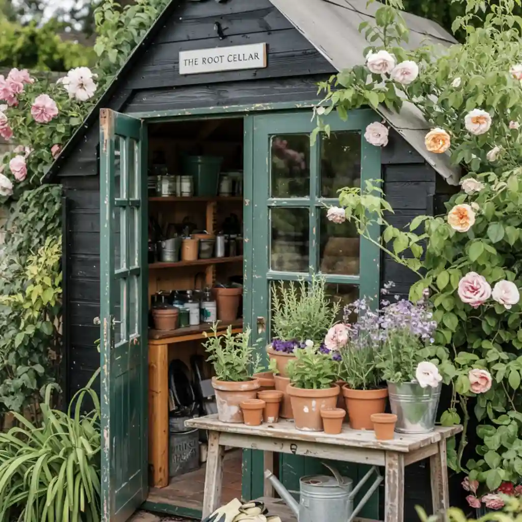 diy potting bench in the backyard