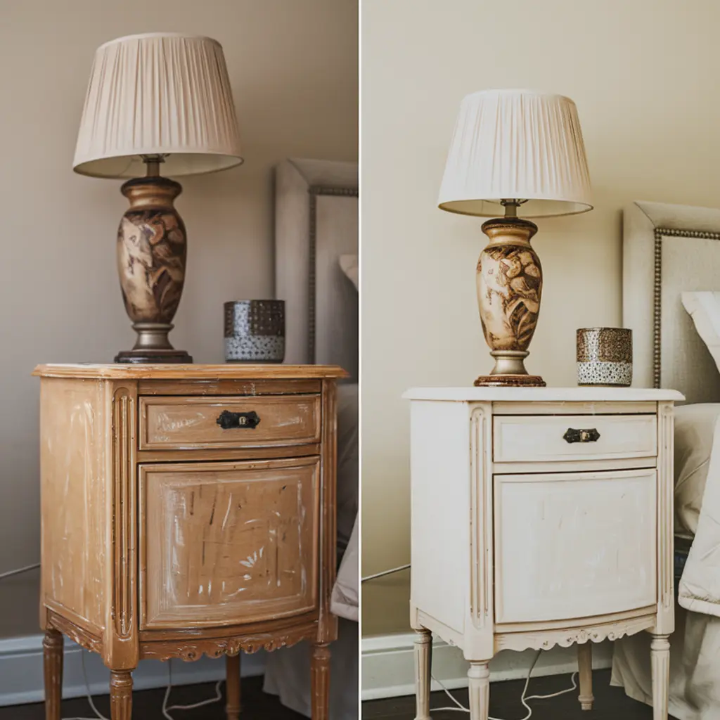 before-and-after image of a painted side table 