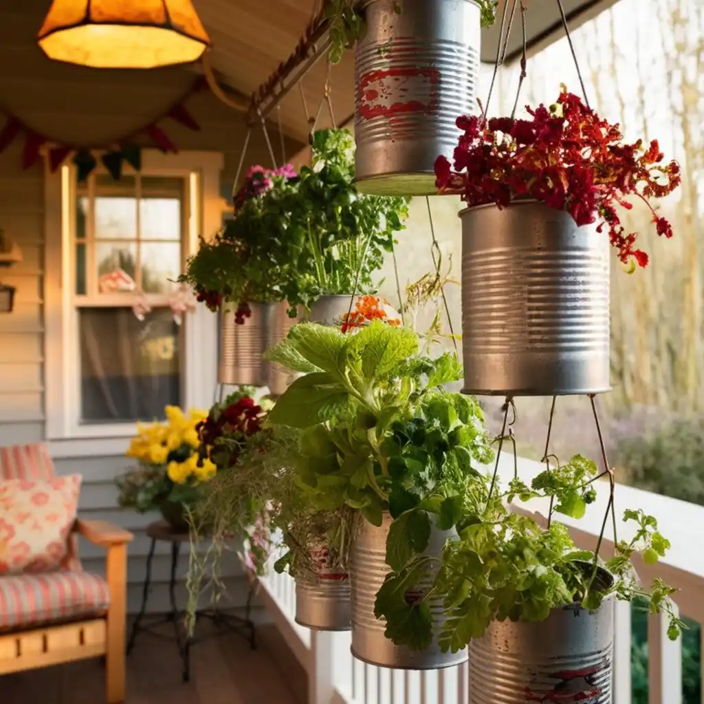 hanging tin can herb in the back diy porch