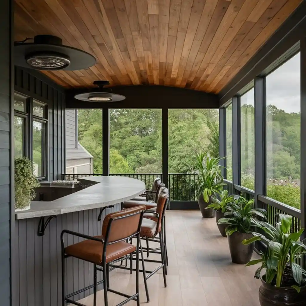 indoor outdoor bar counter in screen-in porch