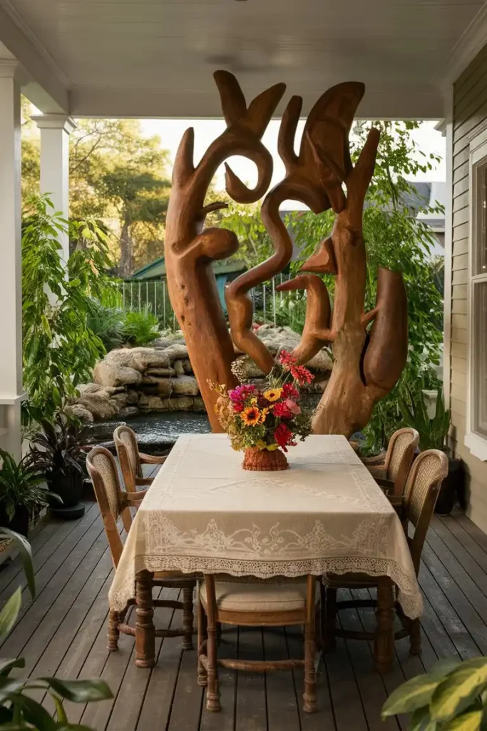 outdoor dining with art piece in the back porch