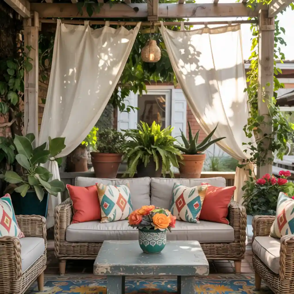 pergola with curtain in the small backyard