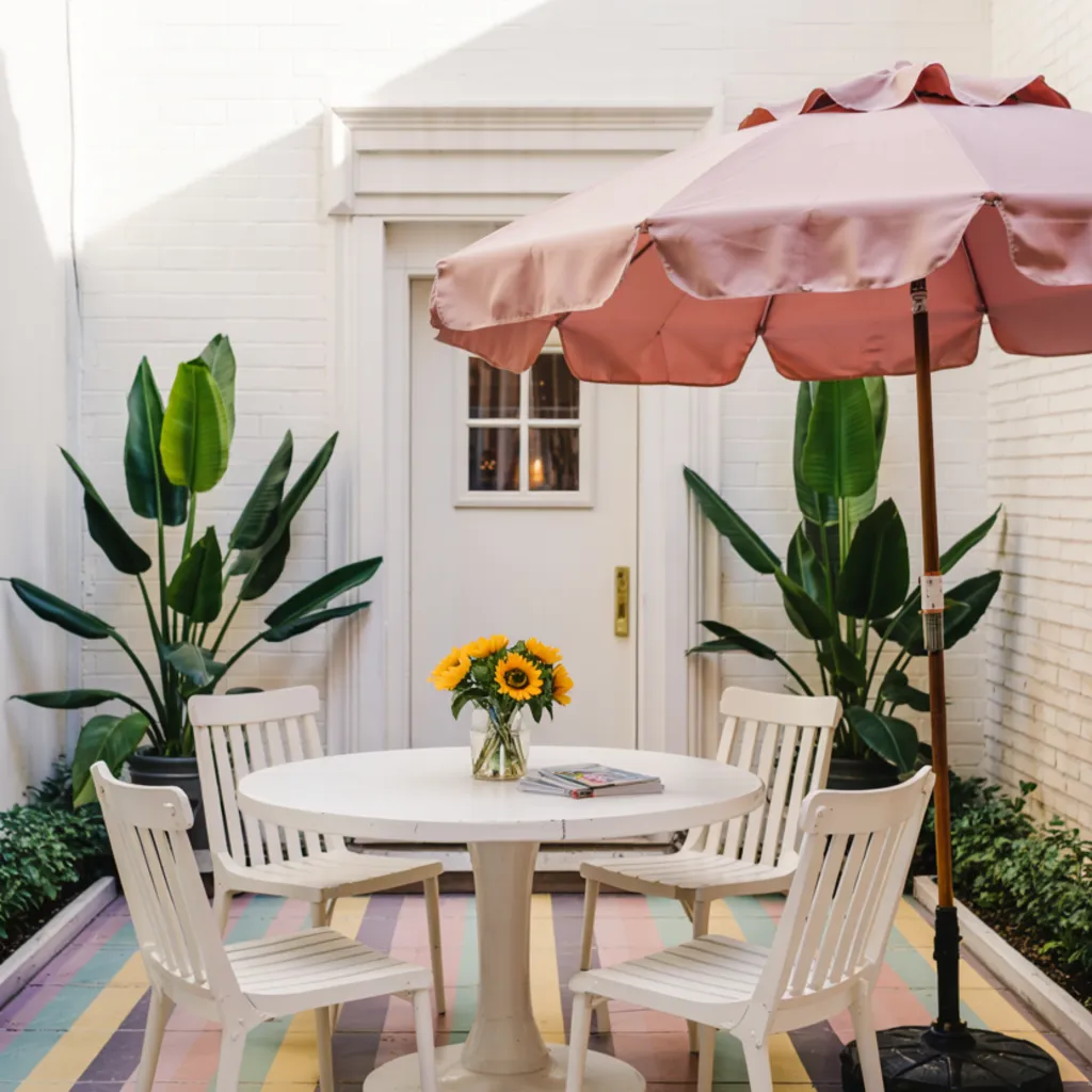 small backyard with rainbow stripes floor