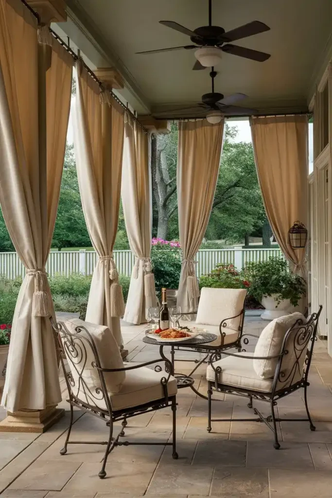 traditional back porch with ceiling fan and traditional chairs