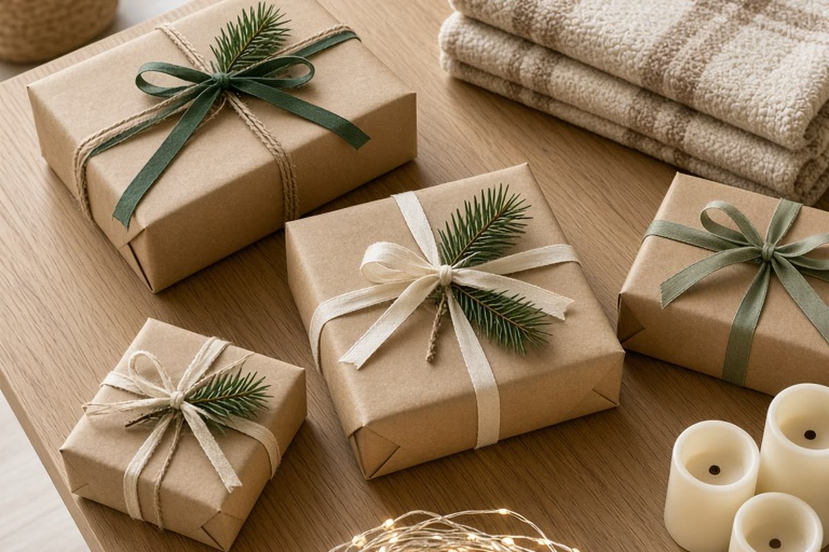 Holiday gifts wrapped in kraft paper with green ribbon next to fairy lights, flameless candles and a folded throw on an oak table