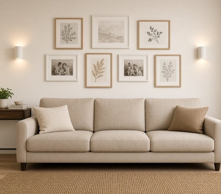 Renter apartment living room with a no-drill gallery wall, rechargeable sconces and a slim console behind a beige sofa