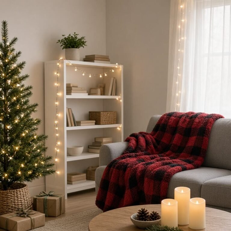 Cozy small rental living room with a slim lit Christmas tree in a rattan collar, wrapped gifts, a buffalo plaid throw on a grey sofa, fairy lights on a bookshelf and flameless candles