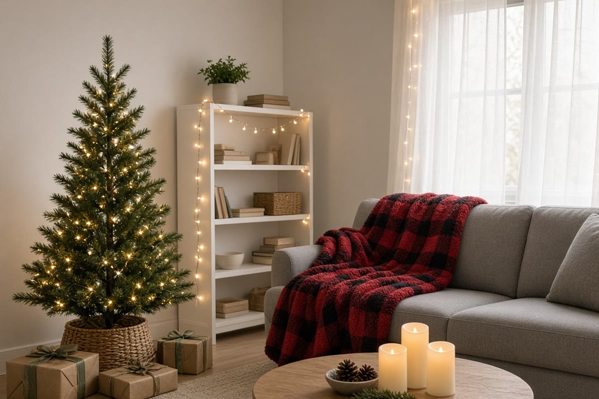 Cozy small rental living room with a slim lit Christmas tree in a rattan collar, wrapped gifts, a buffalo plaid throw on a grey sofa, fairy lights on a bookshelf and flameless candles