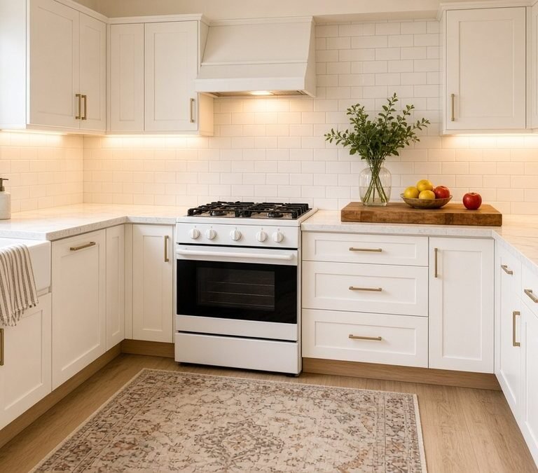 Refreshed rental kitchen with white marble-look counters, a white subway tile backsplash, under-cabinet lights, a wooden board with fruit and a vintage runner rug