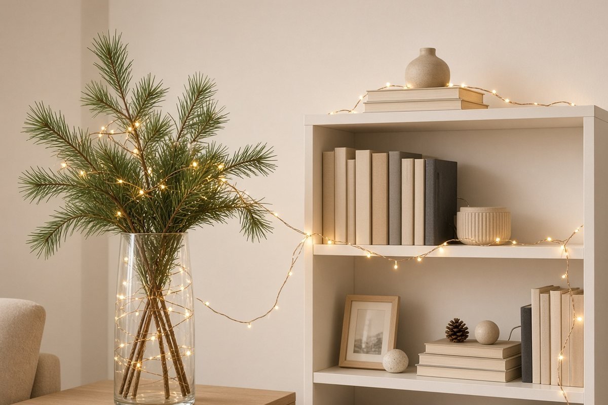 Battery fairy lights wrapped around a vase of pine branches and draped along a white bookshelf