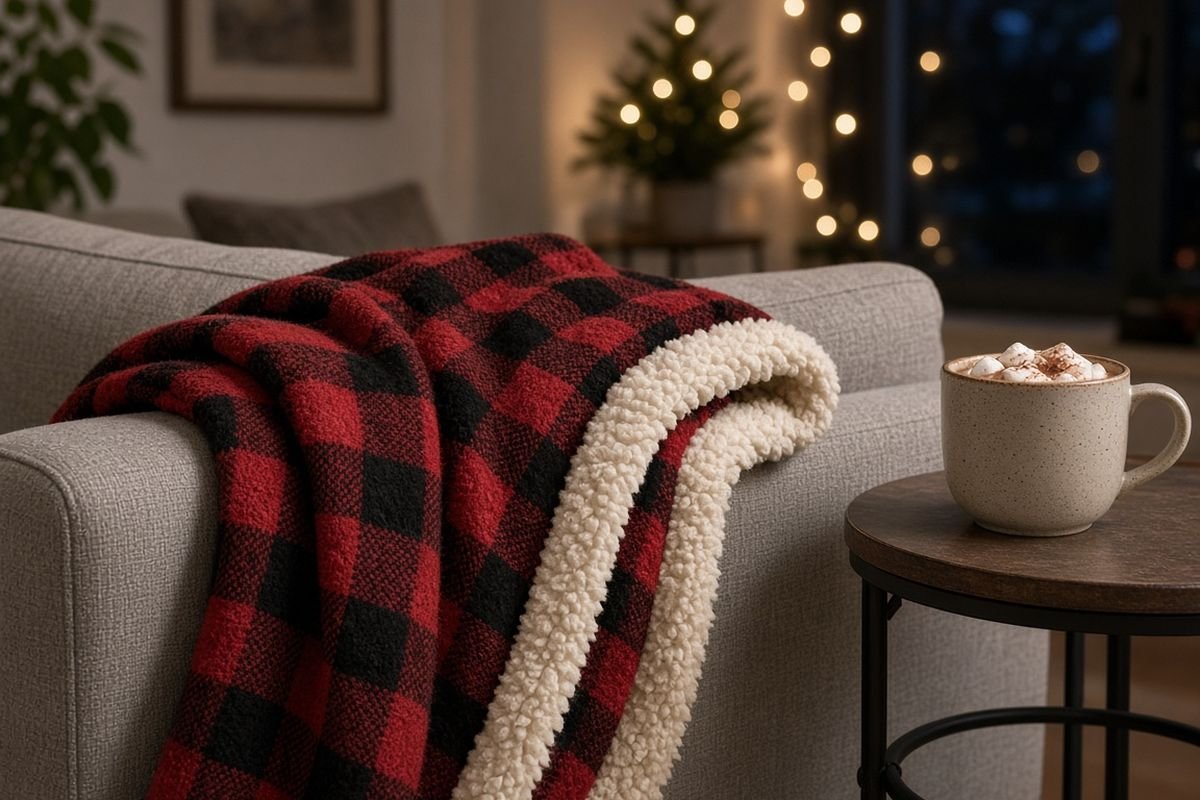 Red and black buffalo plaid sherpa throw blanket draped over a grey sofa arm with a mug of cocoa