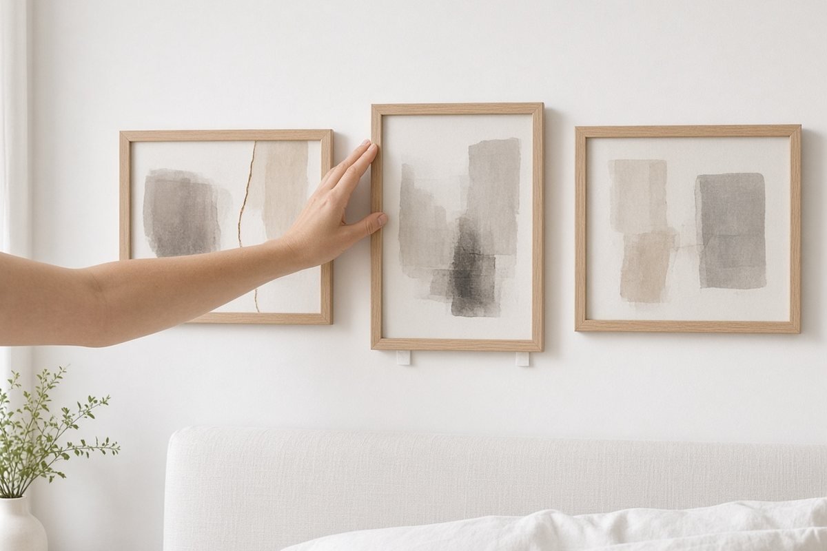 Hand pressing a framed abstract print onto a white wall above a bed next to two other framed prints