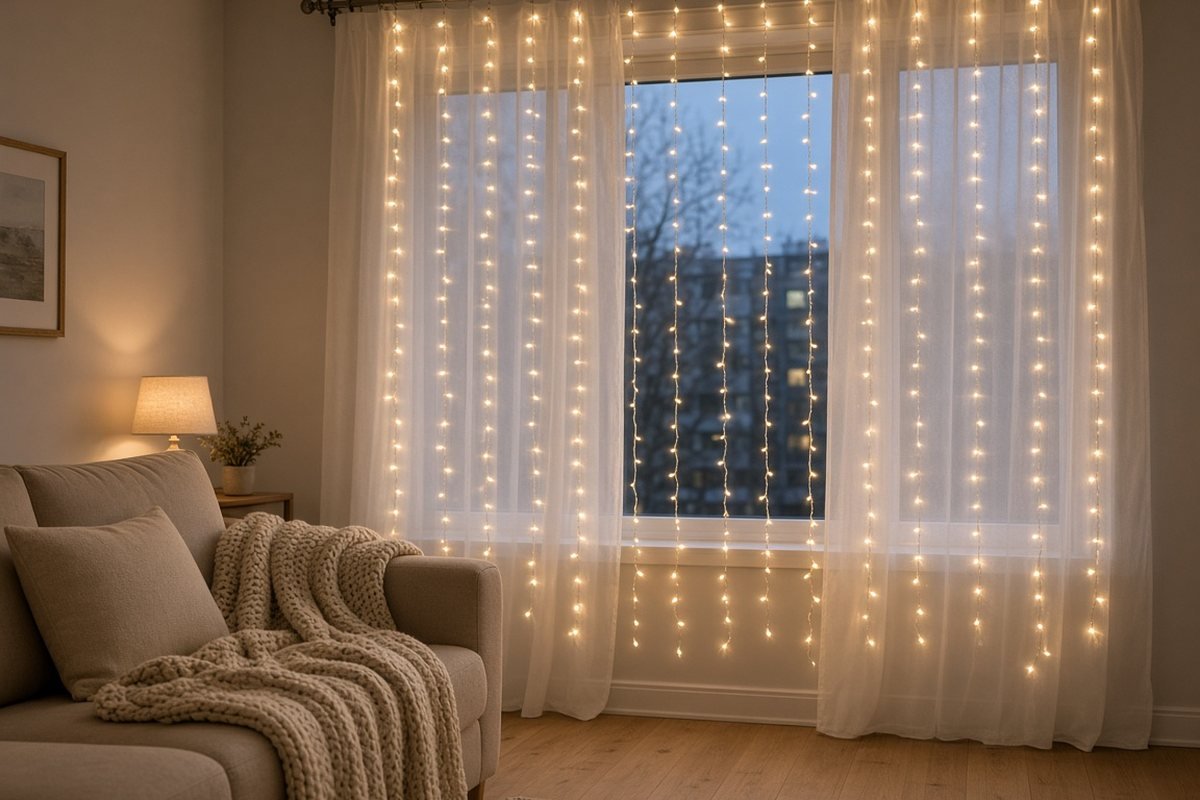 Warm white curtain string lights hanging from a curtain rod behind sheer curtains in a renter living room