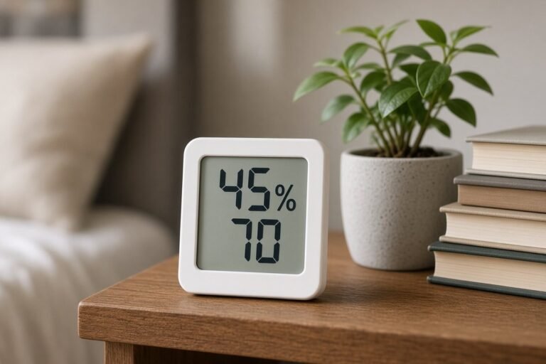 Small digital hygrometer showing temperature and humidity on a bedroom shelf