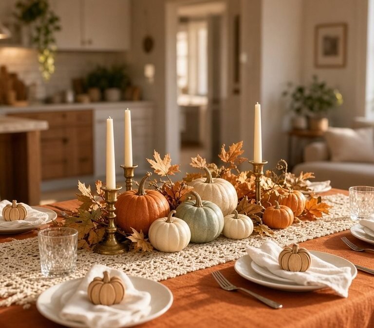 Farmhouse Thanksgiving table in a small apartment with a burnt orange tablecloth, a cream macrame runner, pumpkins, ivory taper candles and white napkins