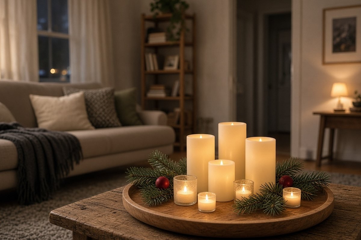 Ivory flameless LED pillar and votive candles glowing on a wooden tray with pine sprigs on a coffee table