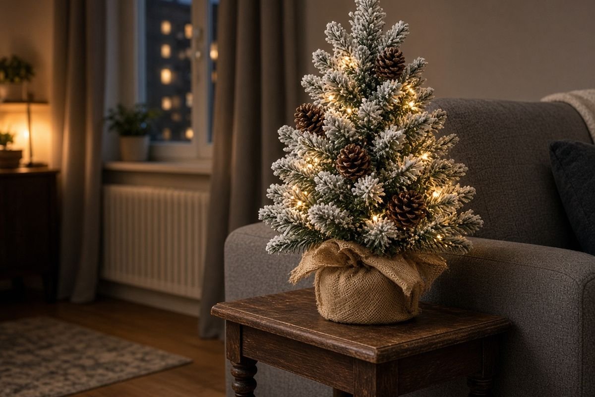 Snowy flocked 3 ft tabletop Christmas tree with warm white lights in a burlap base on a side table next to a grey sofa