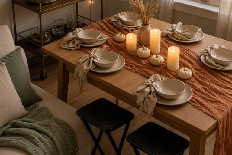 Two black folding stools pulled up to a small Friendsgiving table with a terracotta runner