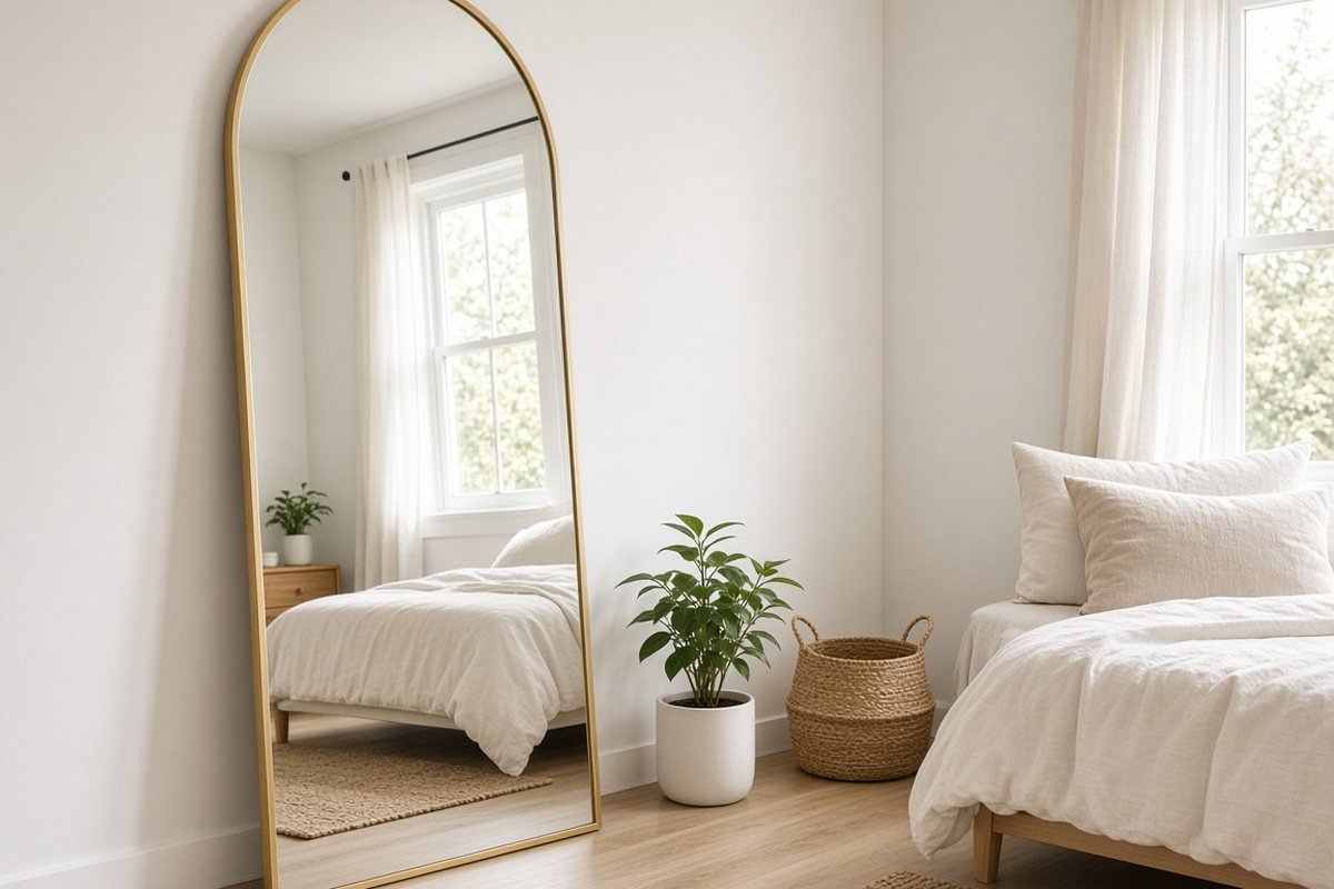 Tall slim gold arched floor mirror leaning against a white wall in a bright apartment bedroom corner