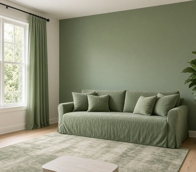 Bright rental living room with a sage velvet slipcovered sofa, sage linen curtains, a faux fiddle leaf fig, a light green rug and a green accent wall