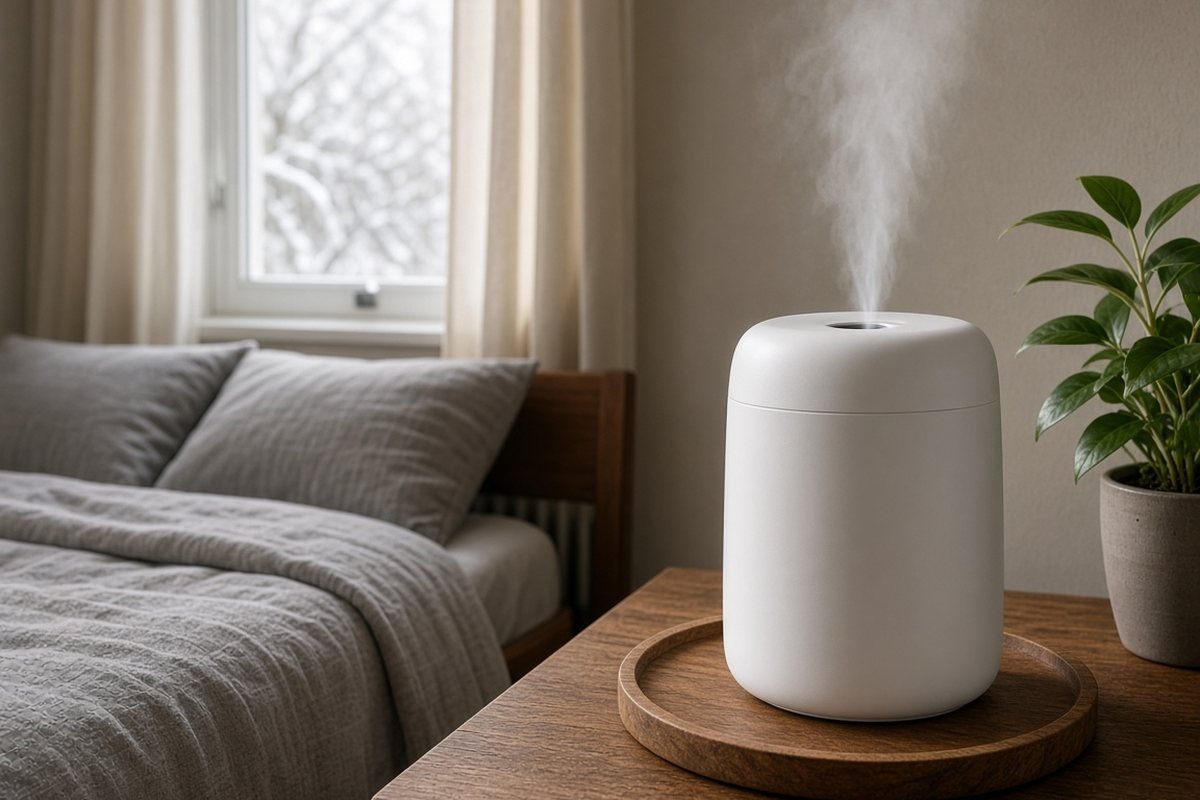 Compact white top-fill humidifier misting on a wooden tray on a dresser near a bed with grey linen bedding
