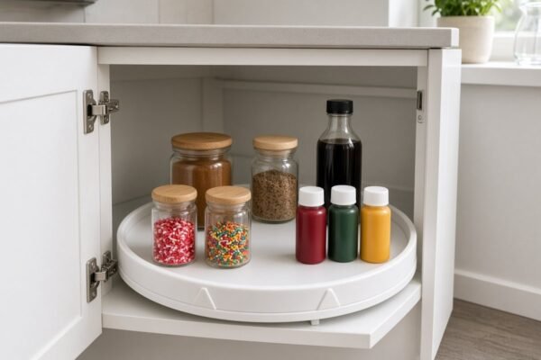 White lazy susan turntable inside a kitchen cabinet holding sprinkles, spices, vanilla and food coloring