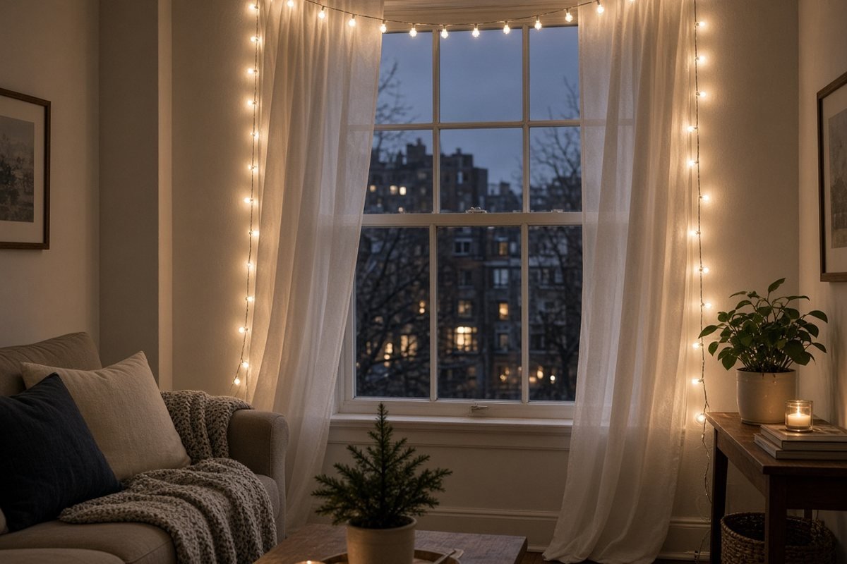 Warm white Christmas lights hung around an apartment living room window with clear adhesive light clips