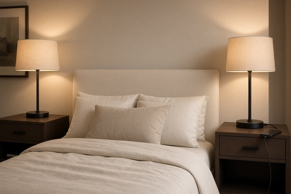 Pair of linen-shade bedside lamps glowing on two nightstands beside a bed, a phone charging from the base