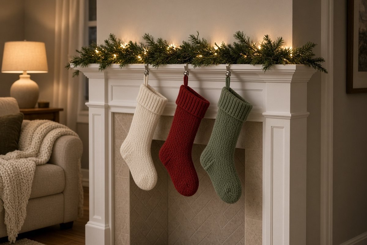 Three knit Christmas stockings hung from low-profile clamp-on stocking holders on a white mantel