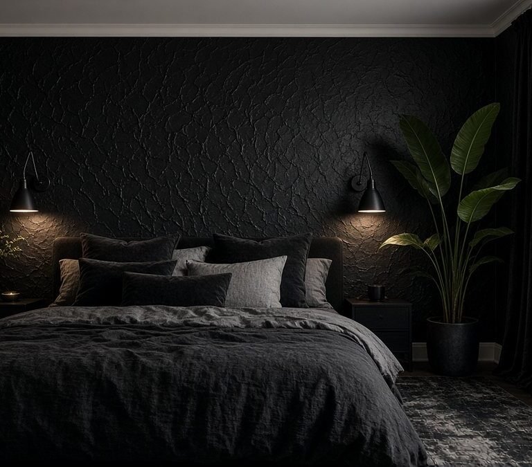 Moody black rental bedroom with a black textured accent wall, black velvet curtains, black linen bedding, wall sconces, a dark rug and a tall plant