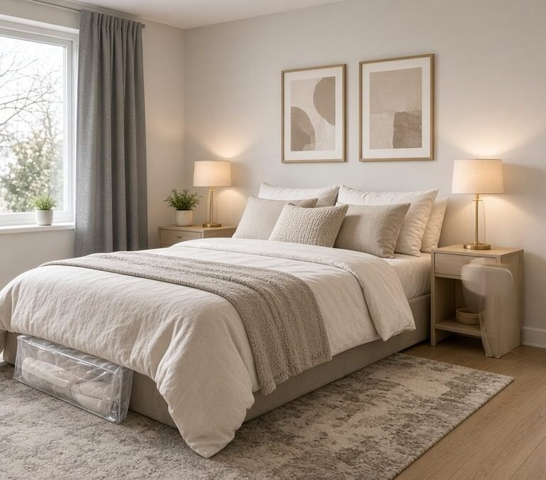 Fresh rental bedroom with neutral bedding, grey blackout curtains, a gold arch floor mirror, a neutral rug and two glowing bedside lamps