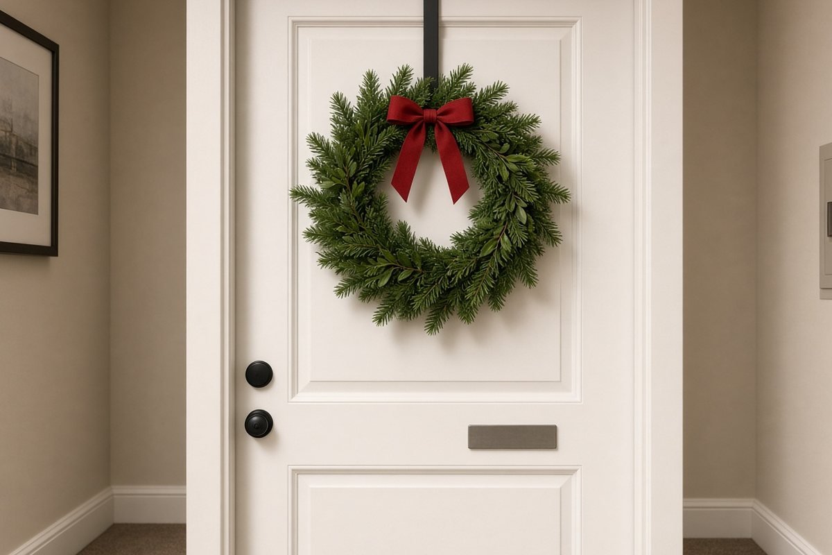 Christmas wreath with a red bow on an apartment front door, hung from a black over-the-door wreath hanger