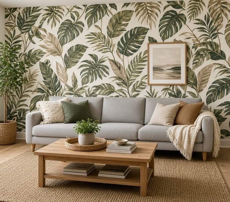Bright rental living room with a botanical leaf peel-and-stick wallpaper accent wall behind a grey sofa, a jute rug and an oak coffee table