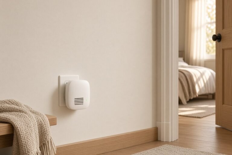 White plug-in carbon monoxide alarm in a hallway outlet near a bedroom door