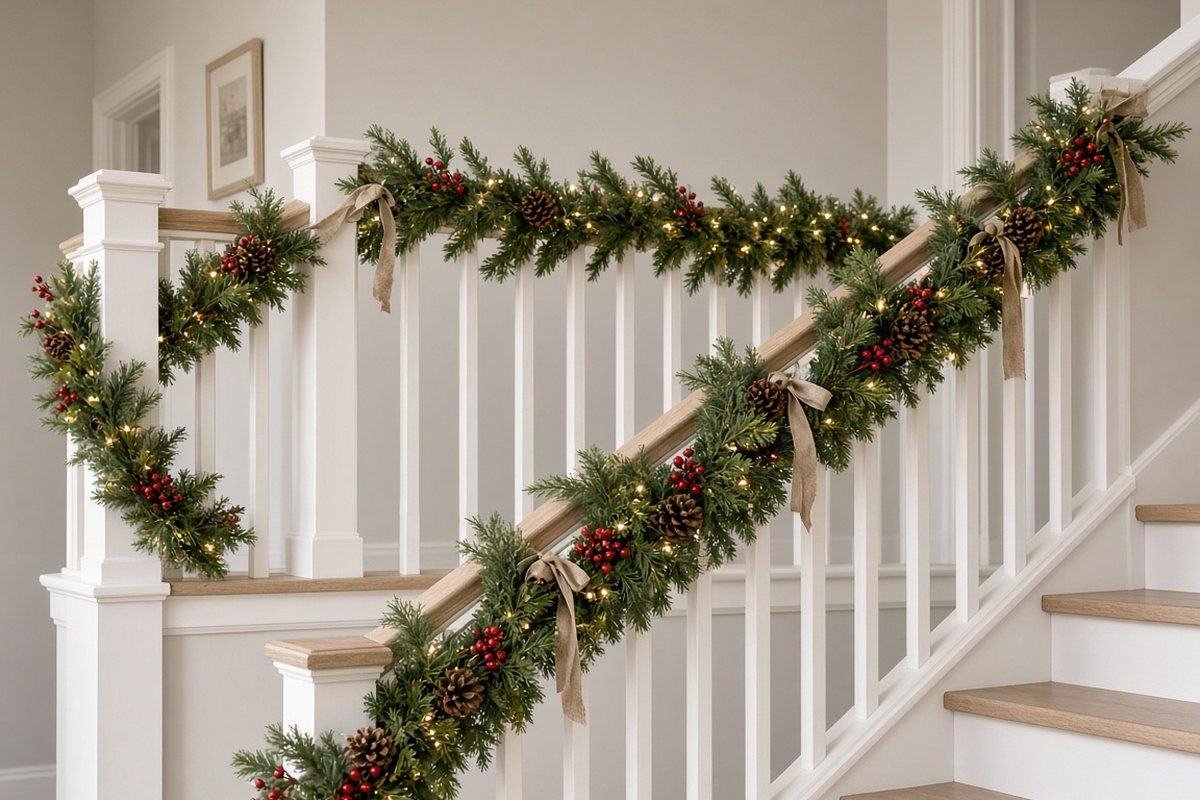 Pre-lit Christmas garland tied to a white stair railing with ribbon, no nails
