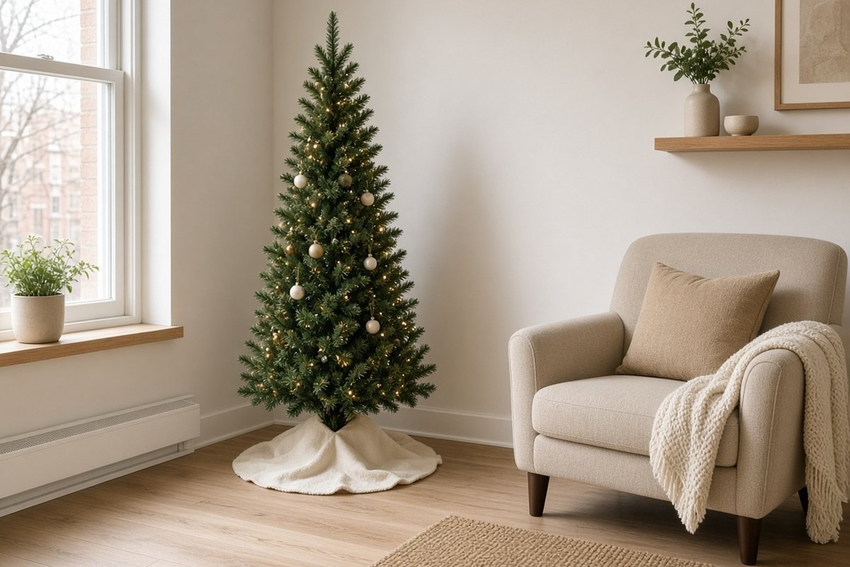 Slim pre-lit artificial Christmas tree in a small apartment corner next to an armchair