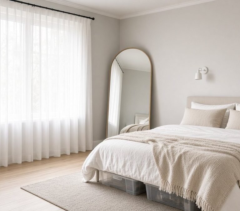 Bright small rental bedroom with white sheer curtains hung high, a tall arched floor mirror, wall sconces, under-bed storage and pale bedding