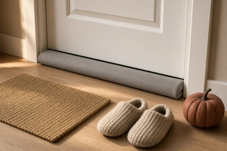 Grey fabric draft stopper along the bottom of a white apartment door next to a jute mat and knit slippers